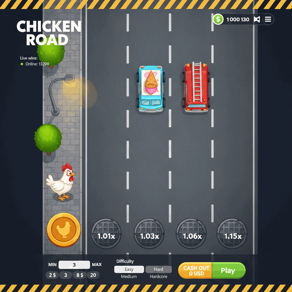Schermata di gioco Chicken Road di InOut con gallina bianca che attraversa una strada a corsie multiple vista dall'alto, corsie grigie separate da linee tratteggiate bianche, moltiplicatori crescenti su chiusini stradali circolari, alberi verdi sul marciapiede di partenza a sinistra, interfaccia di scommessa in basso con pulsanti di avvio e incasso, ticker di vincite live in tempo reale nell'angolo superiore